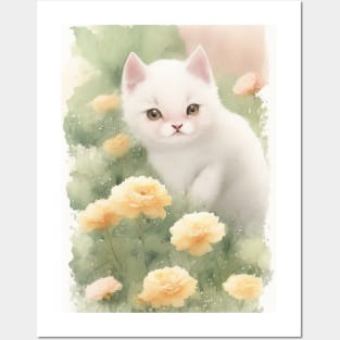 White Cat in the Flower Garden Soft Pastel Colours Posters and Art